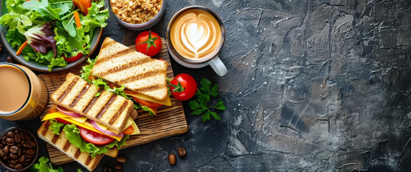 Sanduíches, salada e café servidos sobre uma mesa